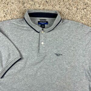 Vintage Nautica Polo Mens Large Gray Retro Casual Golf Shirt Blue Trim Cotton